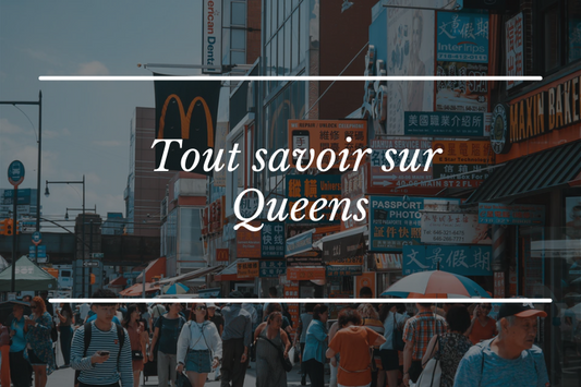 Queens, Flushing à l'arrière plan, le quartier asiatique de New york avec "Tout savoir sur queens" au dessus 